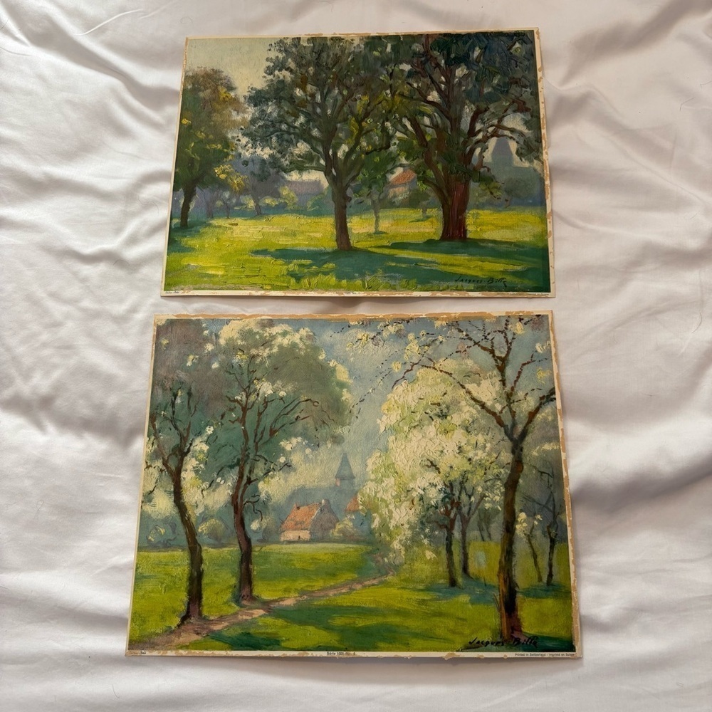 2 Jacques Bille Prints Park Motif Countryside Trees 9.5X12 Printed Switzerland